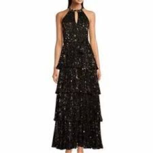 NWT Alex Marie Black and Gold Tiered Pleated Halter Maxi Dress – Size 4
